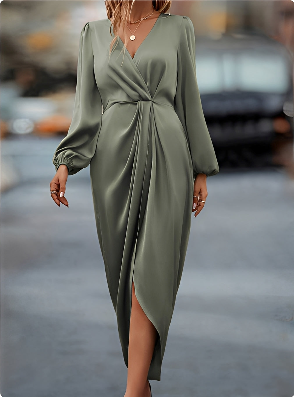 Satin dress women long sleeve maxi length, smooth glossy finish