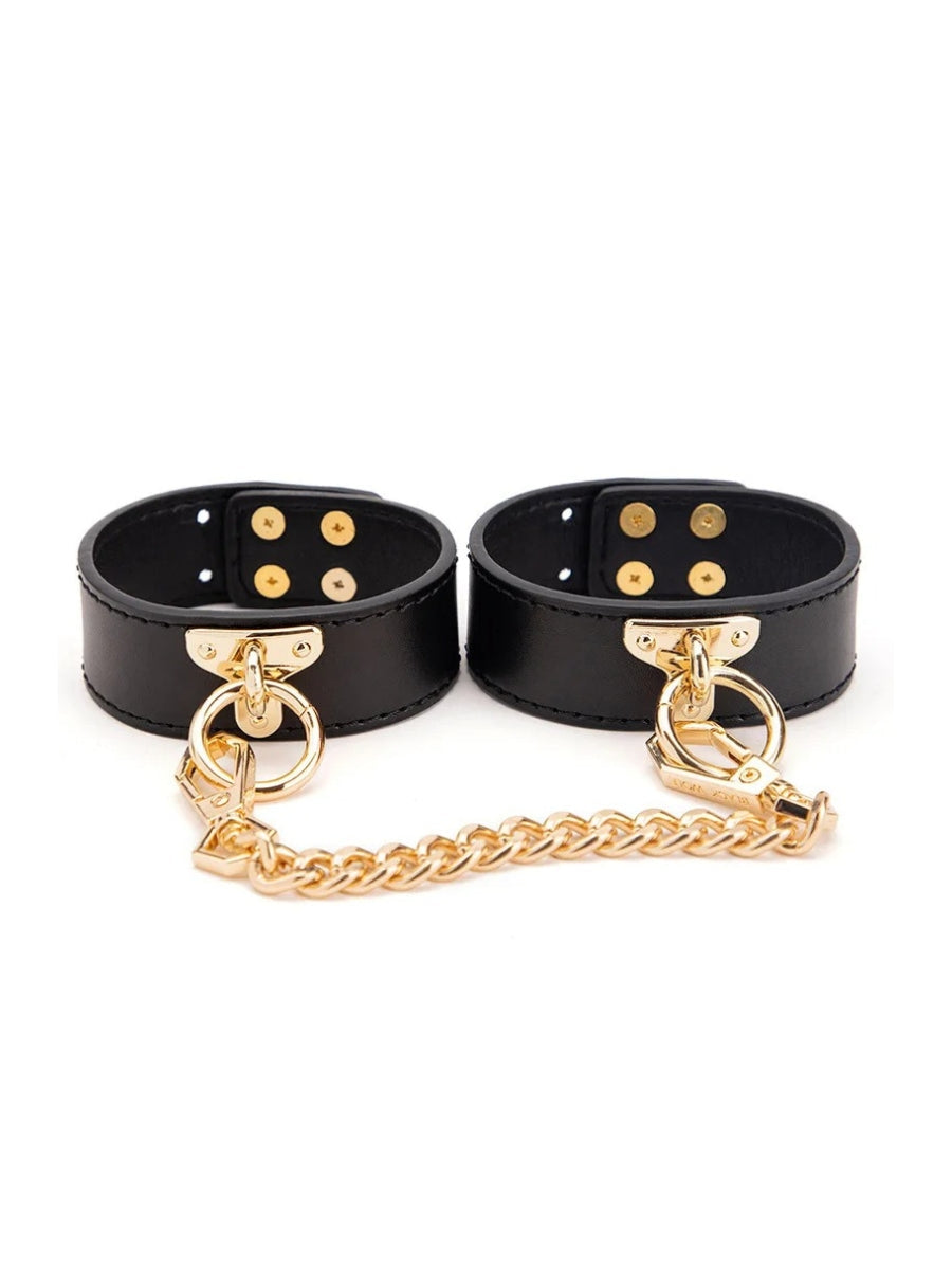 Rosalind | Ankle Cuffs | Black Faux Leather, Gold Chain | BDSM Restraints