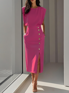 Calla | Women's Midi Dress | Round Neckline, Button Slit | Structured