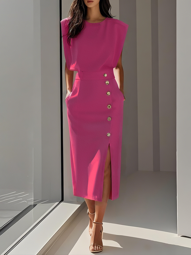 Calla | Women's Midi Dress | Round Neckline, Button Slit | Structured
