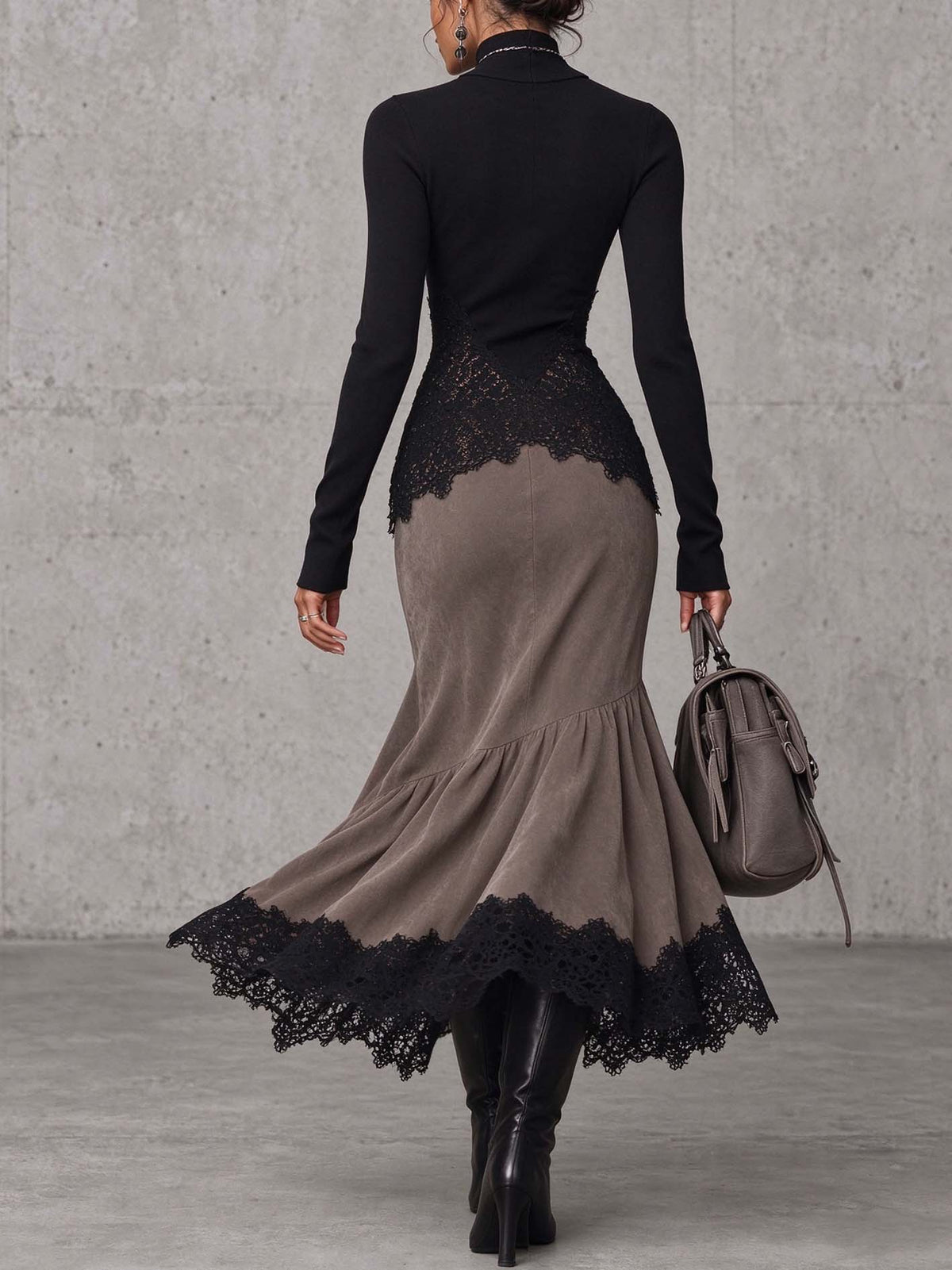 Women Lace Maxi Skirt Set Mermaid 2 Piece Mock Neck Peplum | Perla