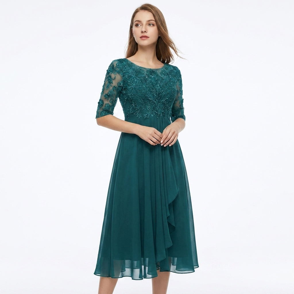 Midi Dress Women Lace Top Tulle Skirt Formal Three Quarter Sleeve