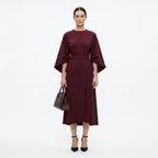 Midi Dress Women Belted Flared A Line Three Quarter Sleeve High Neck