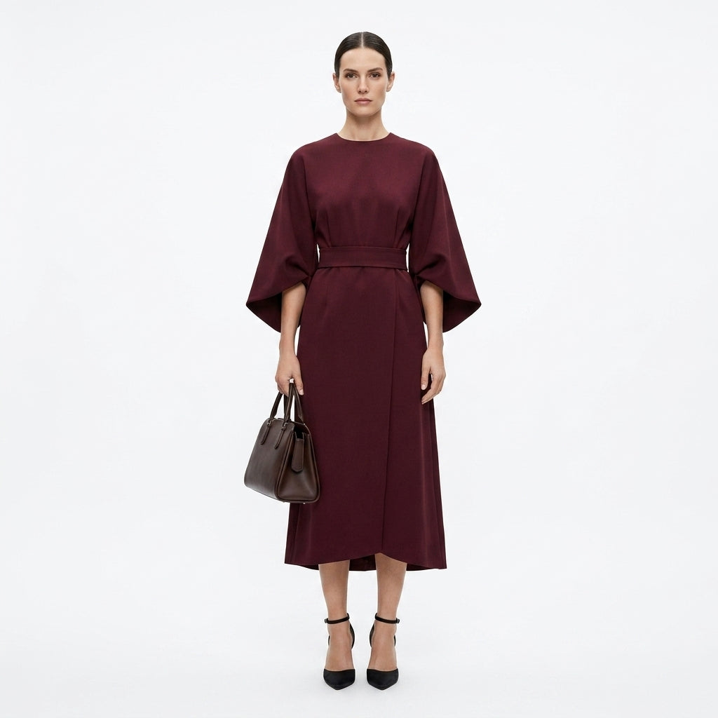 Midi Dress Women Belted Flared A Line Three Quarter Sleeve High Neck