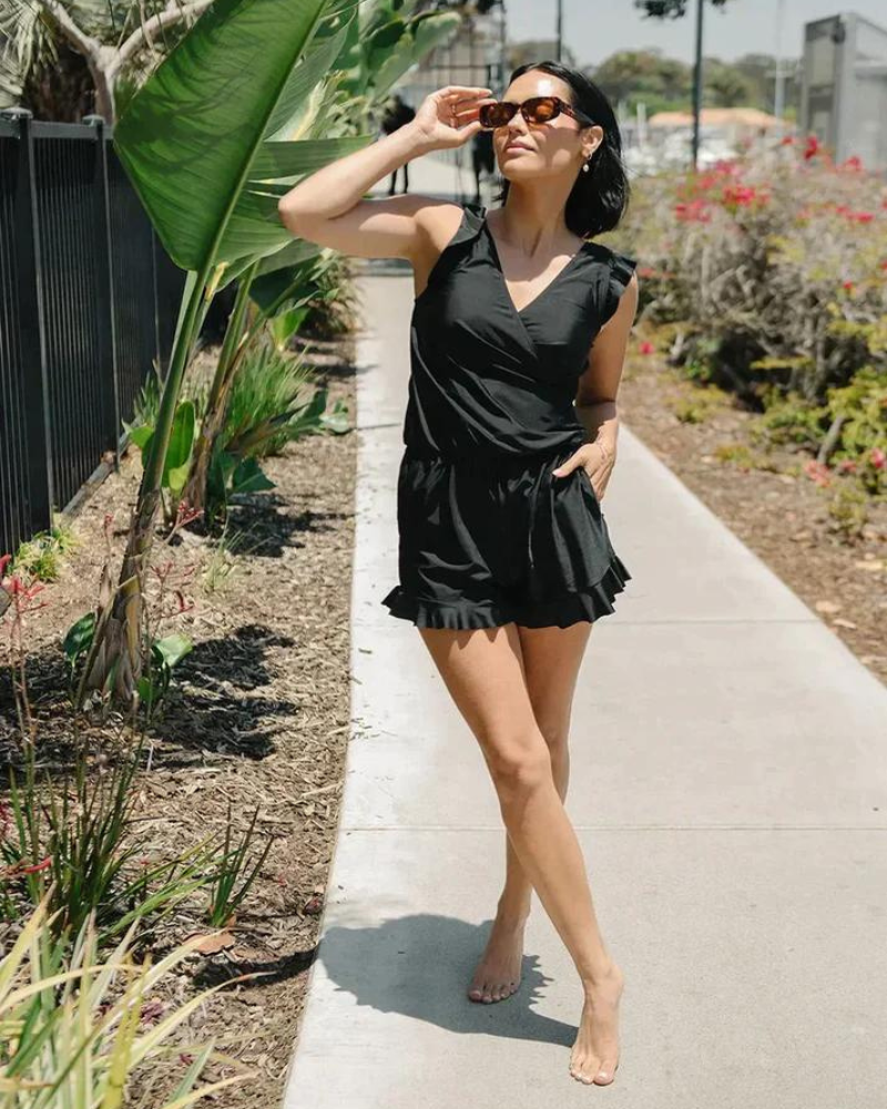 One Piece Swimsuit Women Built In Bra V Neck Ruffle Strap Shorts