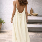 Linen Dress Women Sleeveless Long Maxi Cotton Blend Open Back