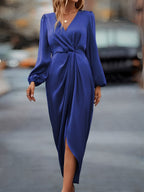 Satin dress women long sleeve maxi length, smooth glossy finish