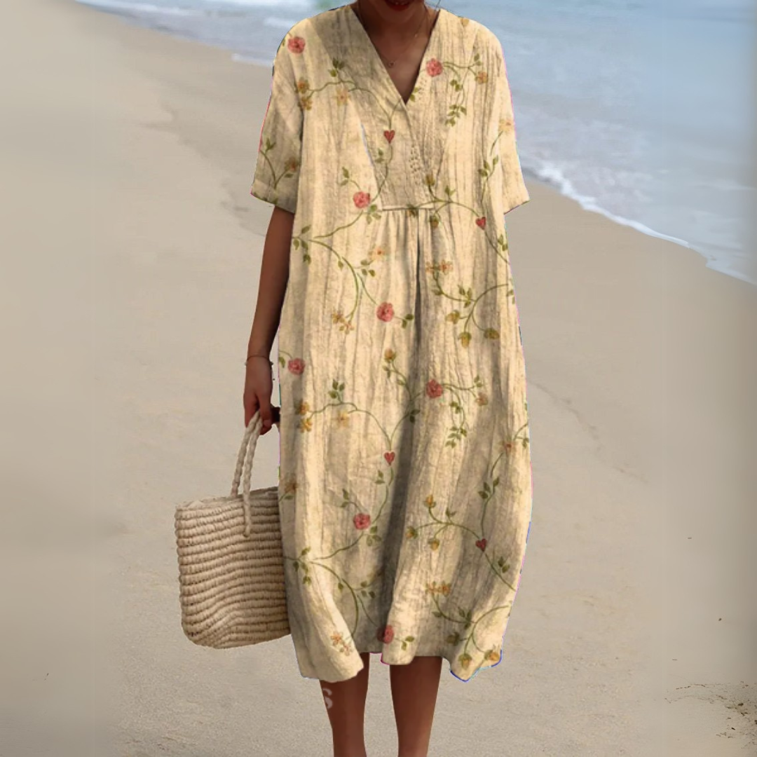 Summer Dress Women V Neck Cotton Linen Blend Floral Print Lightweight