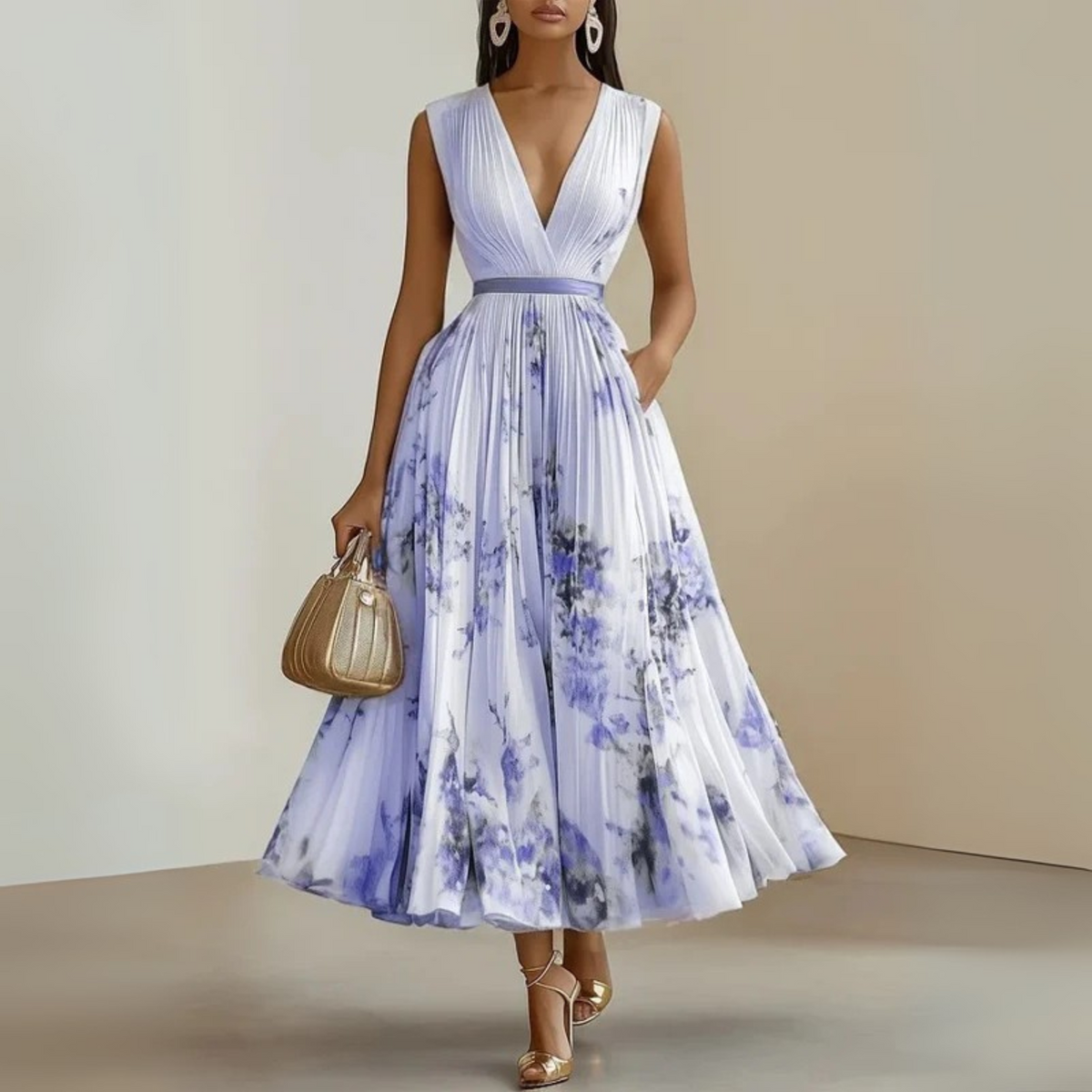 Women Flowy Midi Dress Pleated