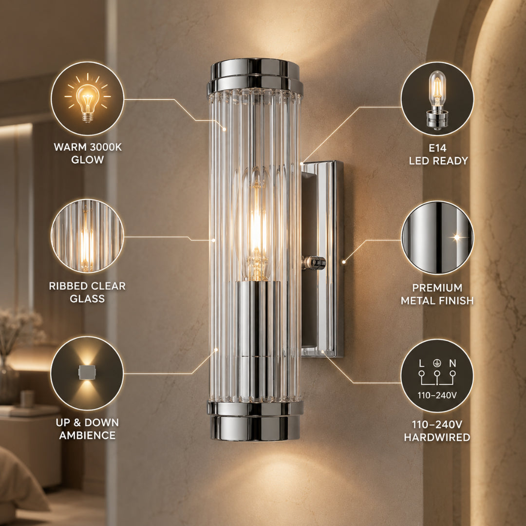Mila | Wall Lamp | Modern Cylindrical Glass, 1/2-Light | Chrome & Gold