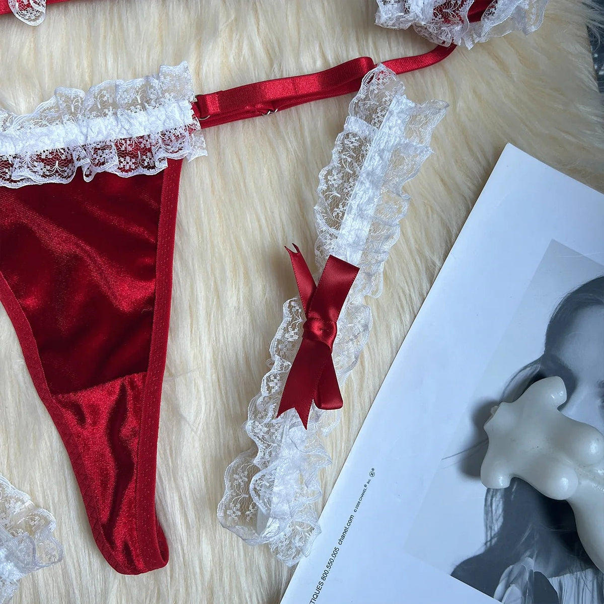 Mrs Claus Costume Women Red Velvet Lace 2 Piece Lingerie Set