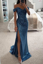 Sequin Dress Women Off Shoulder Draped Split Ankle Length Maxi