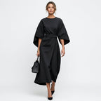 Midi Dress Women Belted Flared A Line Three Quarter Sleeve High Neck