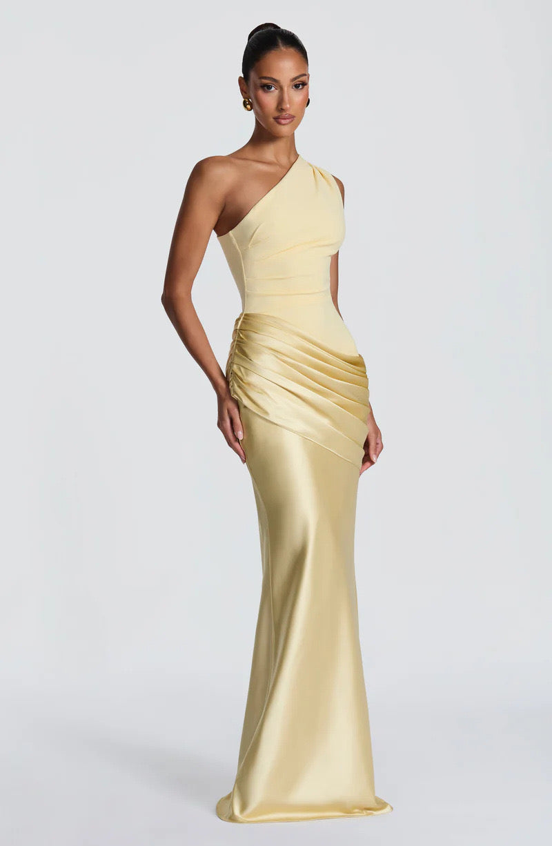 Long Maxi Dress Women One Shoulder Asymmetric Neckline Draped