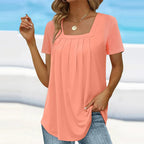Noor | Women's Blouse | Square Neck, Short Sleeve | Pleated Detail