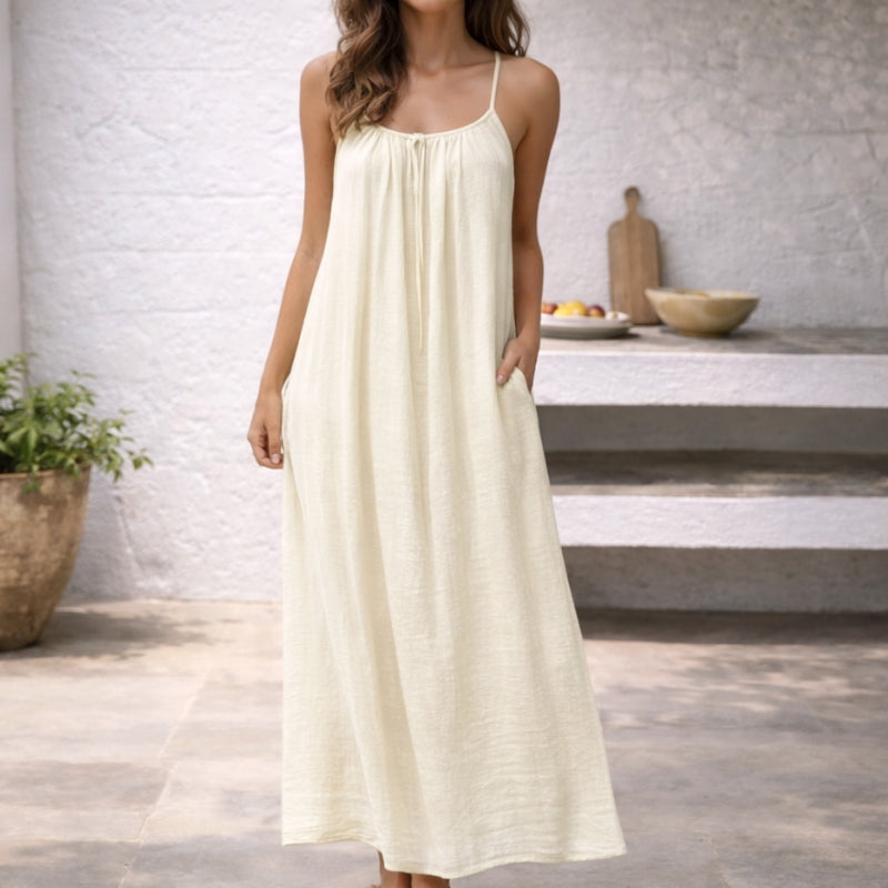 Linen Dress Women Sleeveless Long Maxi Cotton Blend Open Back