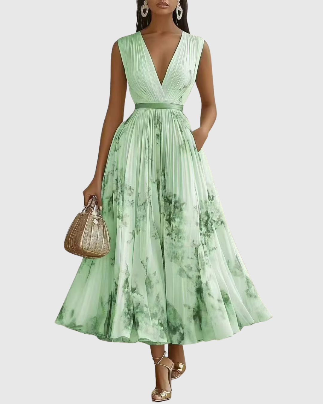 Posy | Maxi Dress | Pleated, V-Neck, Long Sleeve | Ribbon-Tie Waist