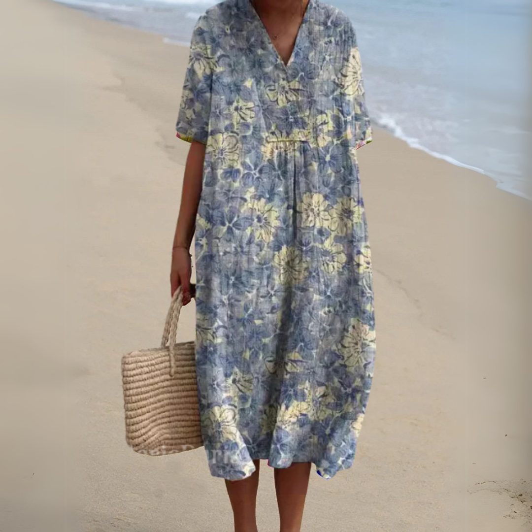 Summer Dress Women V Neck Cotton Linen Blend Floral Print Lightweight