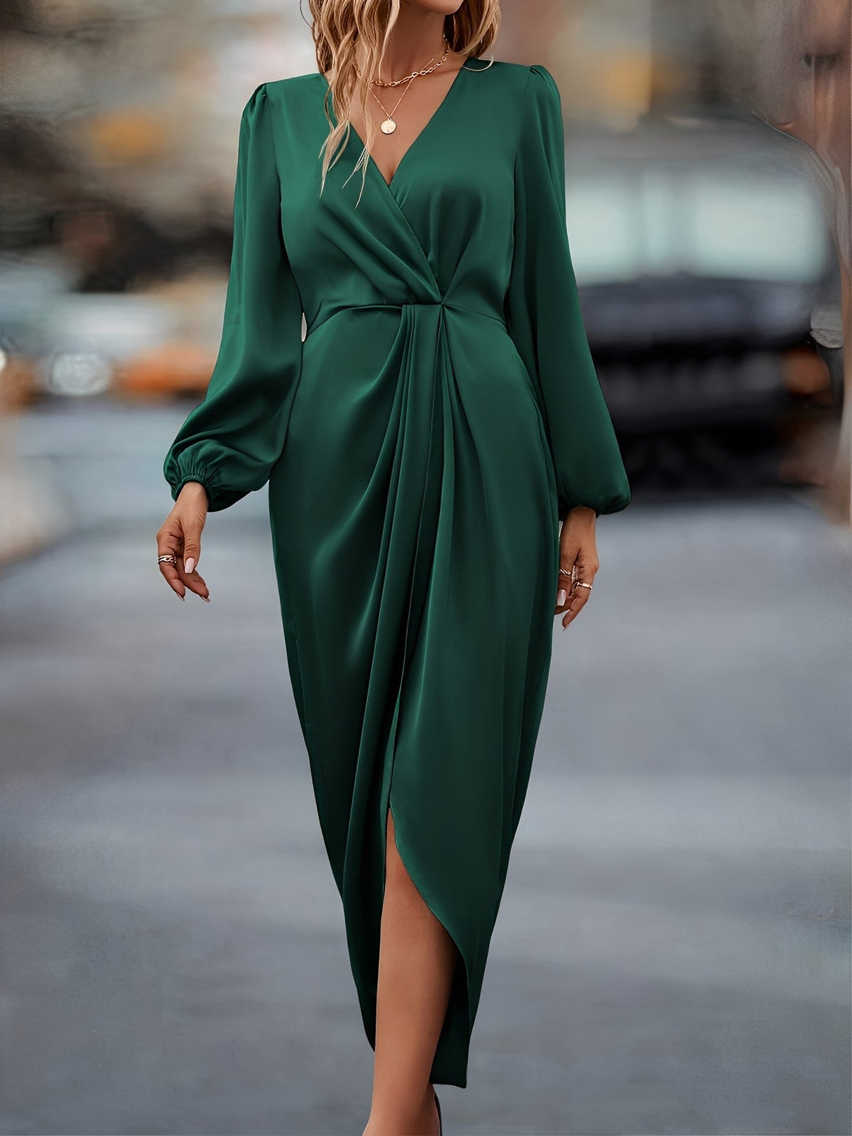 Satin dress women long sleeve maxi length, smooth glossy finish