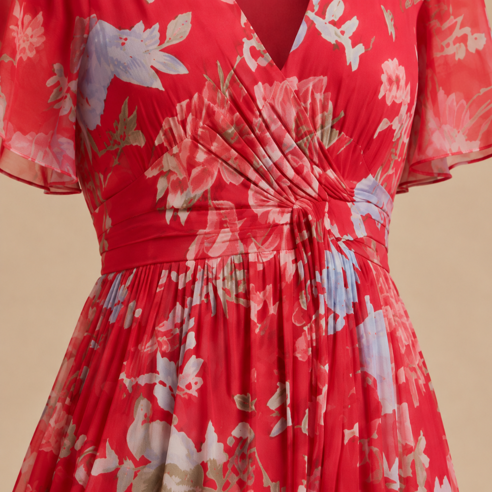 Floral Midi Dress Women Lightweight Stretch V Neck Empire Waist