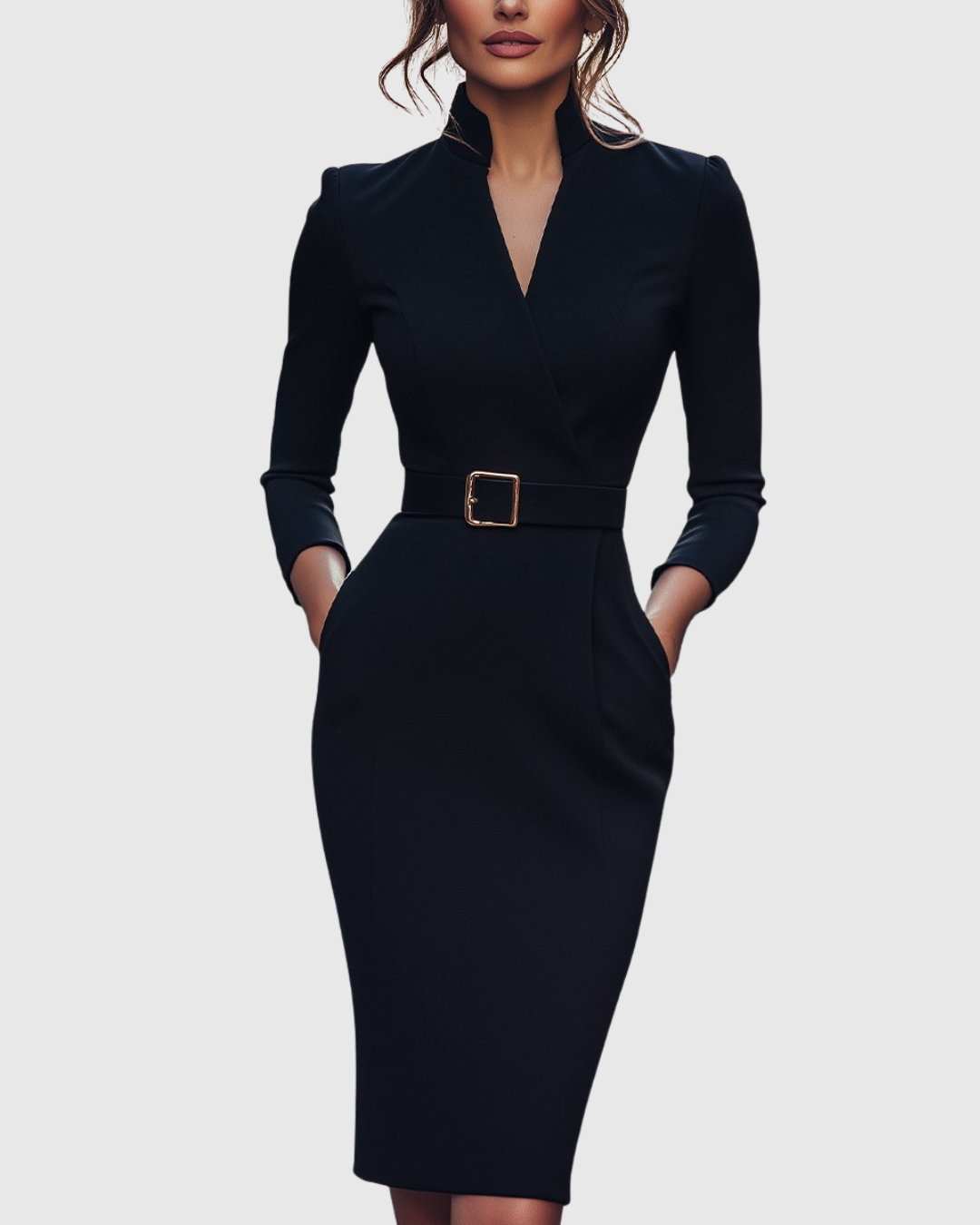 Midi Dress Women Fitted Pencil Wrap Neckline Three Quarter Sleeve