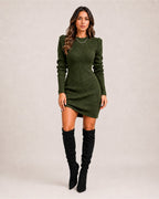 Women Long Sleeve Dress Ribbed Knit Midi Fitted Crew Neck | Hazel