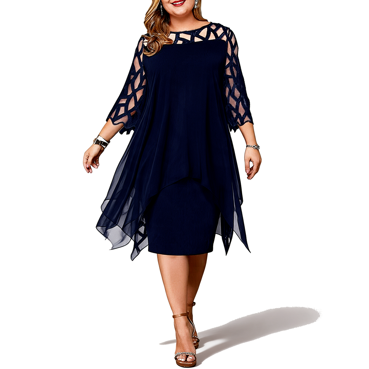 Midi Dress Plus Size Women Lace Sleeve Round Neck Knee Length