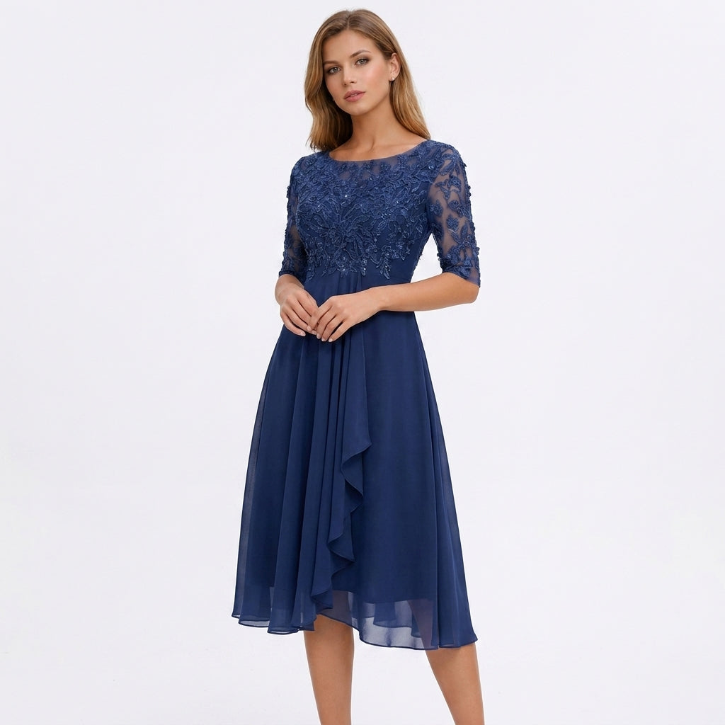 Midi Dress Women Lace Top Tulle Skirt Formal Three Quarter Sleeve
