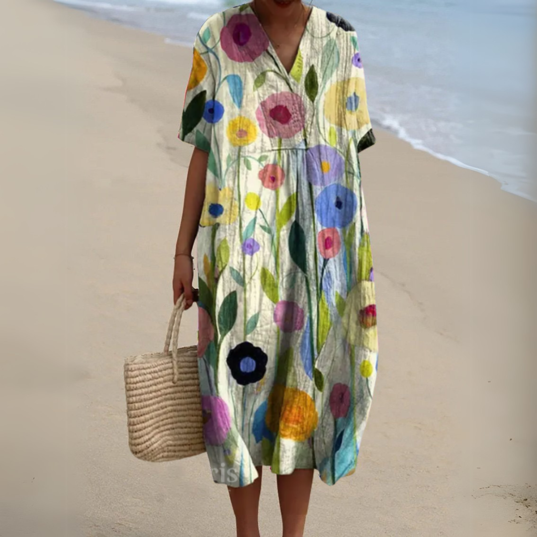 Summer Dress Women V Neck Cotton Linen Blend Floral Print Lightweight