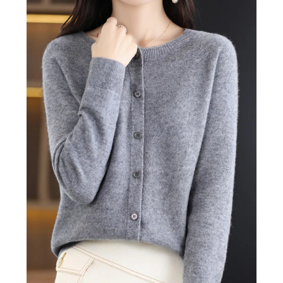 Nova | Women's Merino Wool Sweater | Round Neck, Button Placket | Slim Fit