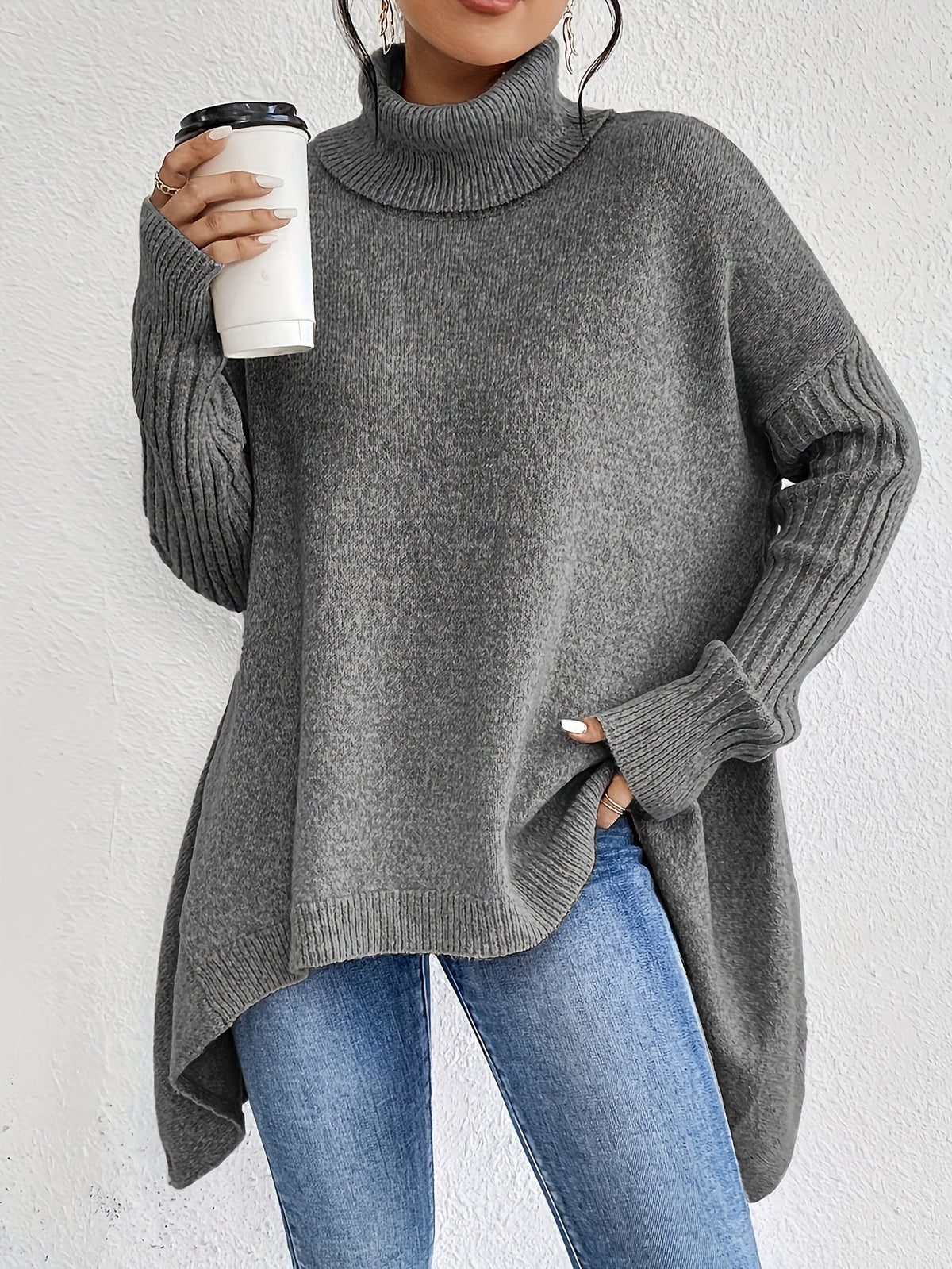 Women knit sweater high neck asymmetric hem relaxed fit