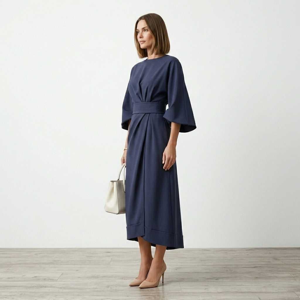 Midi Dress Women Belted Flared A Line Three Quarter Sleeve High Neck