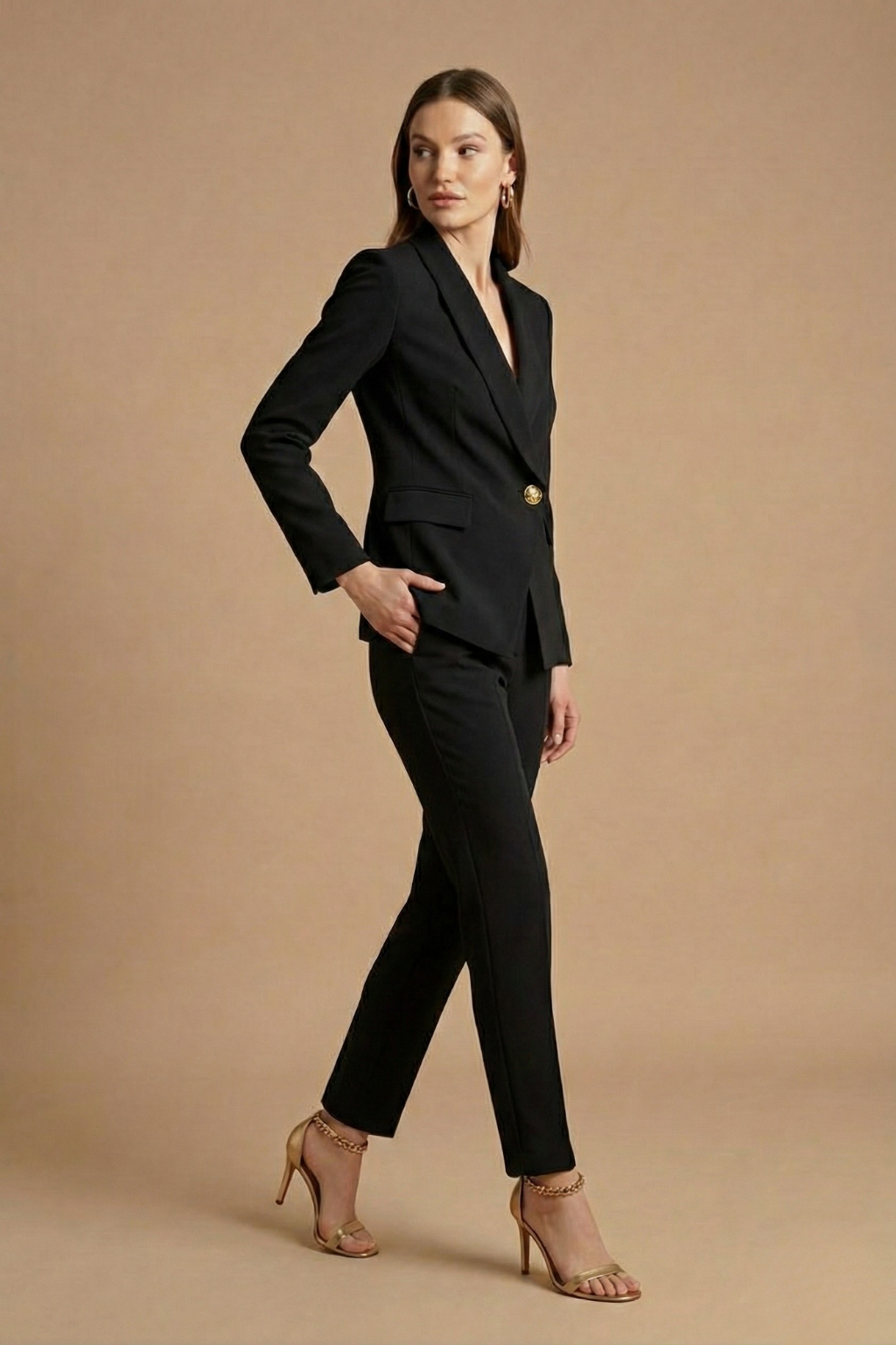 Women 2 Piece Blazer Set Shawl Collar Straight Leg Trousers