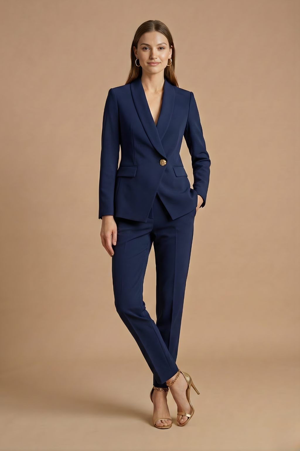 Women 2 Piece Blazer Set Shawl Collar Straight Leg Trousers