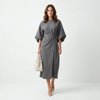 Midi Dress Women Belted Flared A Line Three Quarter Sleeve High Neck