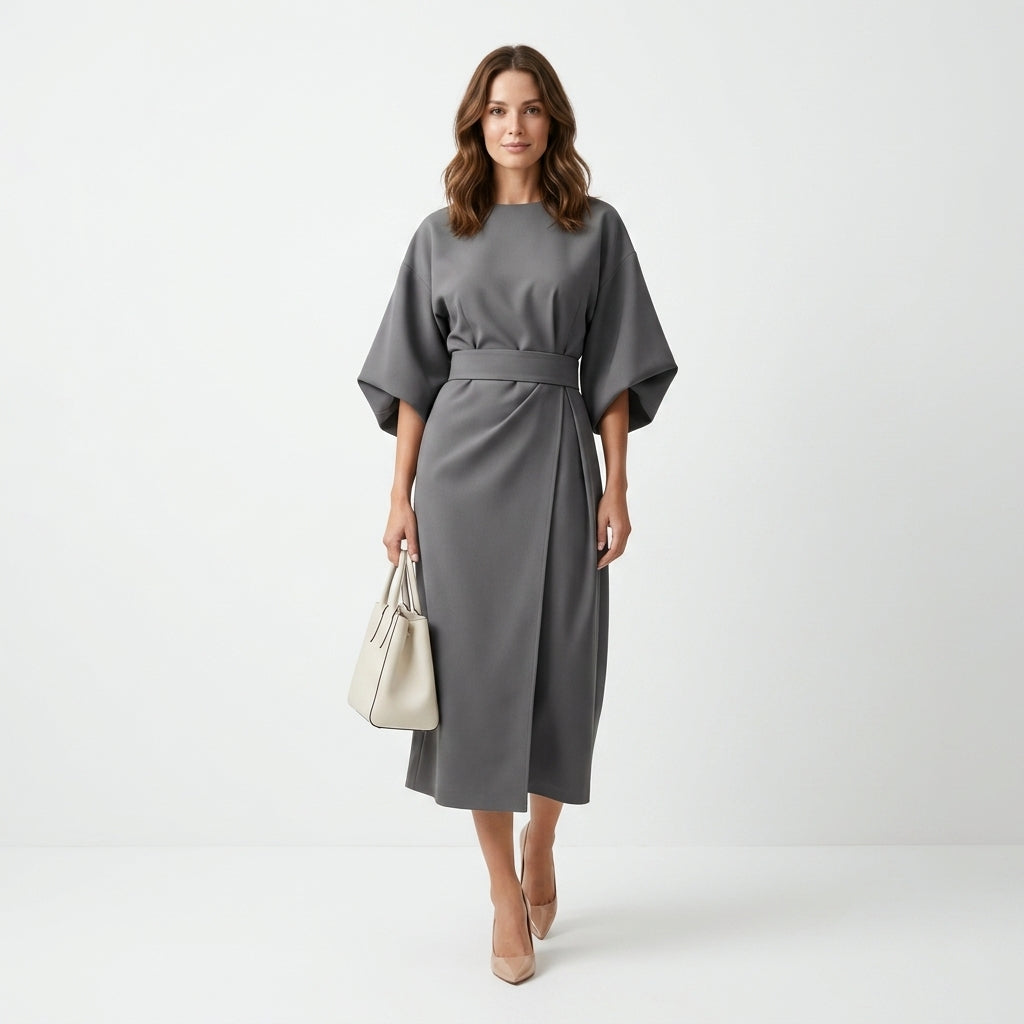 Midi Dress Women Belted Flared A Line Three Quarter Sleeve High Neck