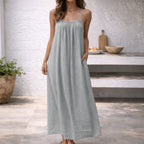 Linen Dress Women Sleeveless Long Maxi Cotton Blend Open Back