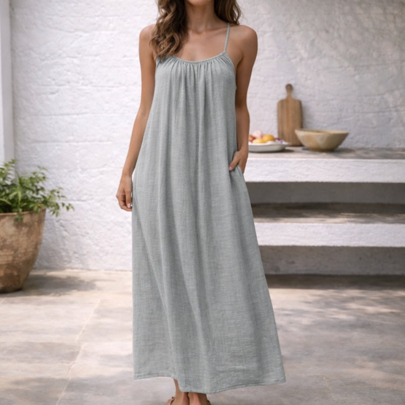 Linen Dress Women Sleeveless Long Maxi Cotton Blend Open Back