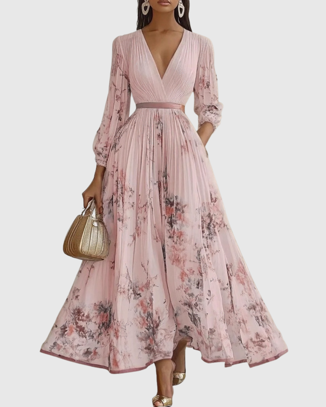 Posy | Maxi Dress | Pleated, V-Neck, Long Sleeve | Ribbon-Tie Waist