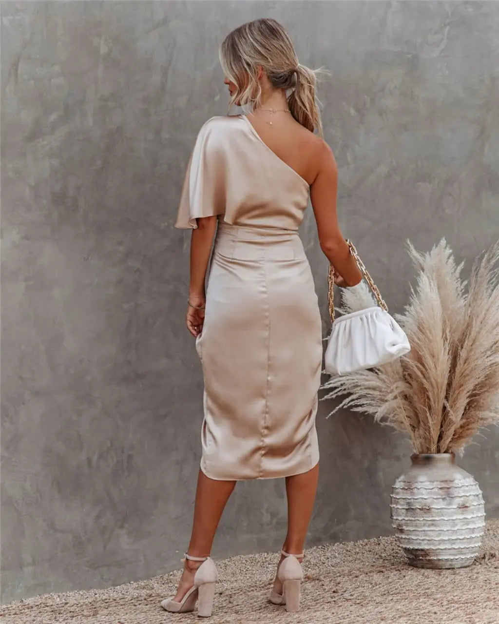 Aria | Women's Midi Dress | Asymmetric One Shoulder, Draped | Evening