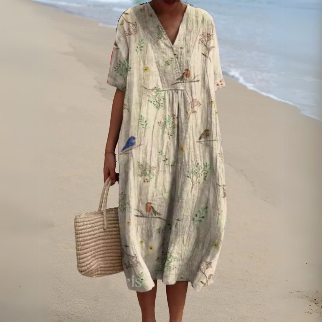 Summer Dress Women V Neck Cotton Linen Blend Floral Print Lightweight