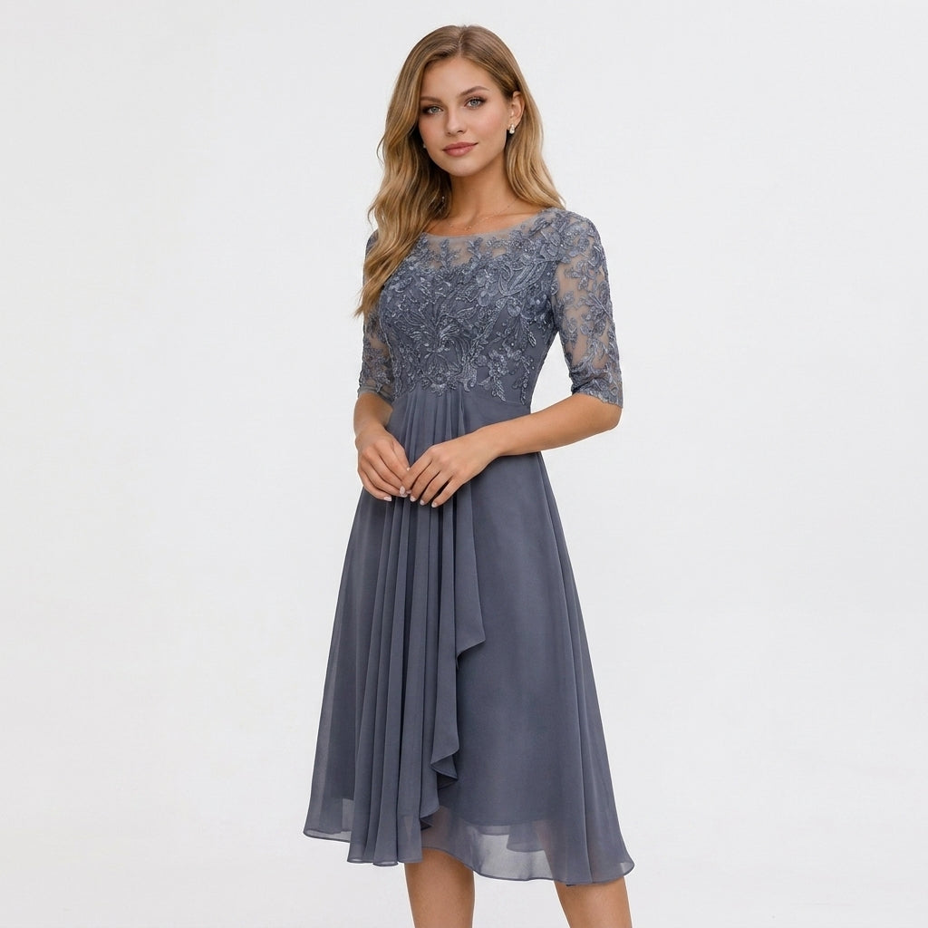 Midi Dress Women Lace Top Tulle Skirt Formal Three Quarter Sleeve