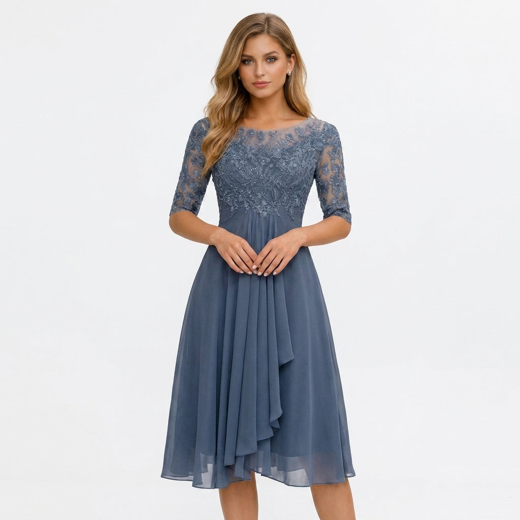 Midi Dress Women Lace Top Tulle Skirt Formal Three Quarter Sleeve