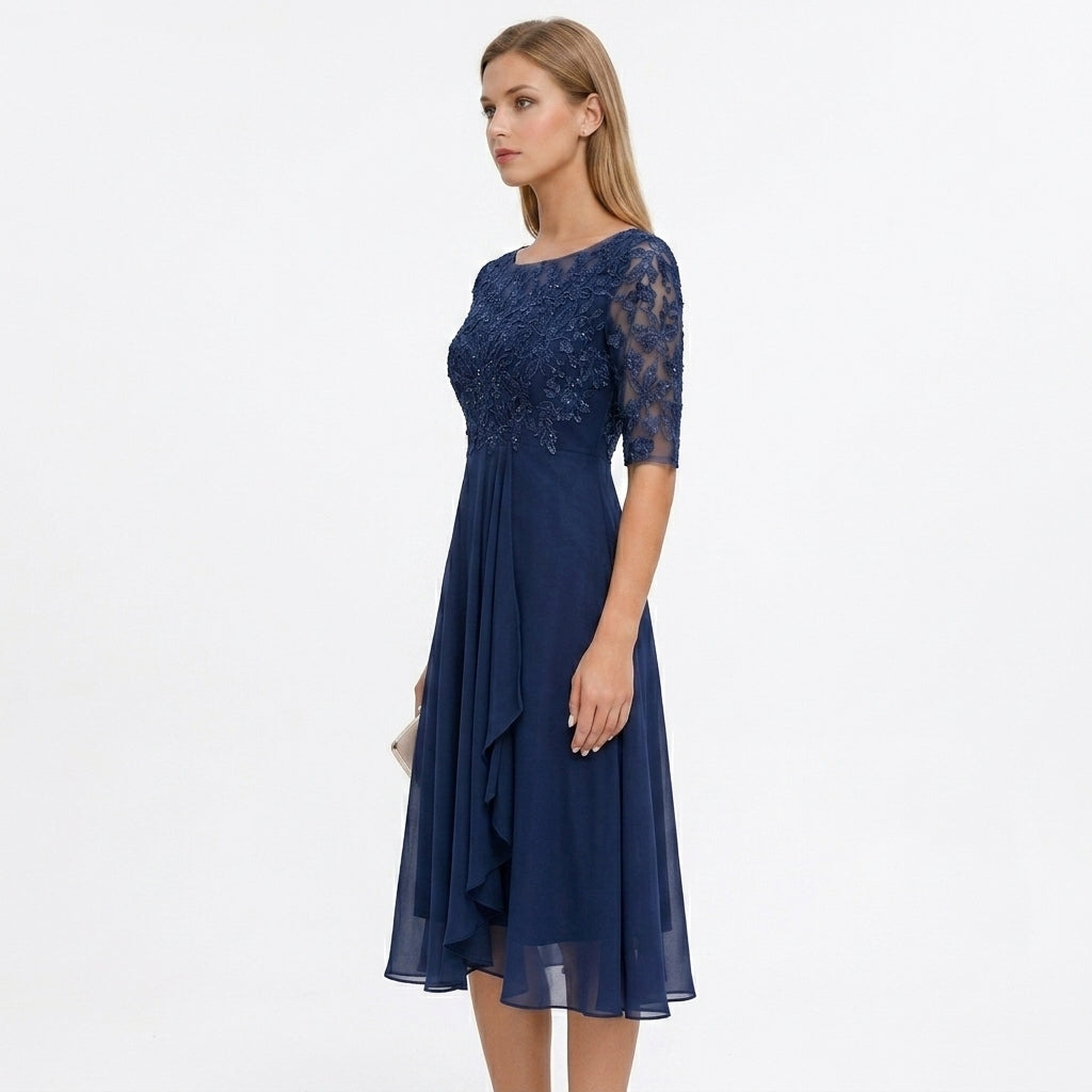 Midi Dress Women Lace Top Tulle Skirt Formal Three Quarter Sleeve
