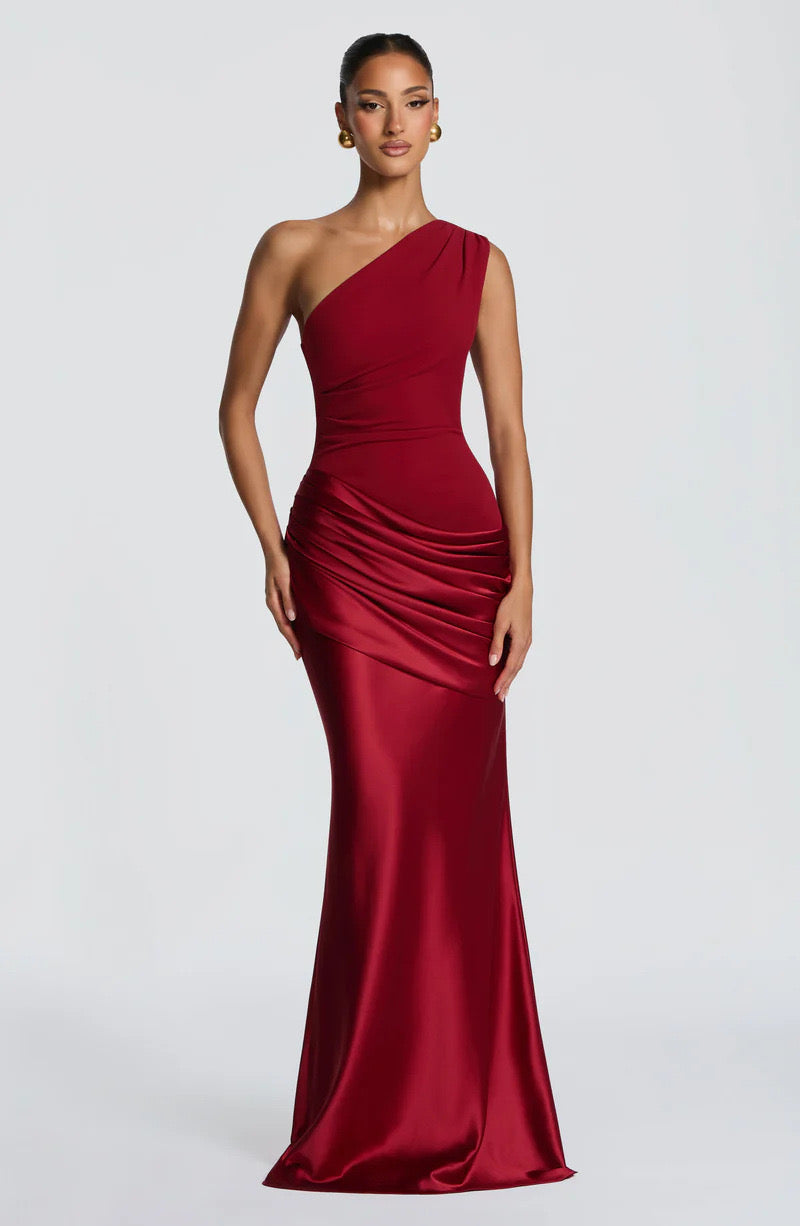 Long Maxi Dress Women One Shoulder Asymmetric Neckline Draped