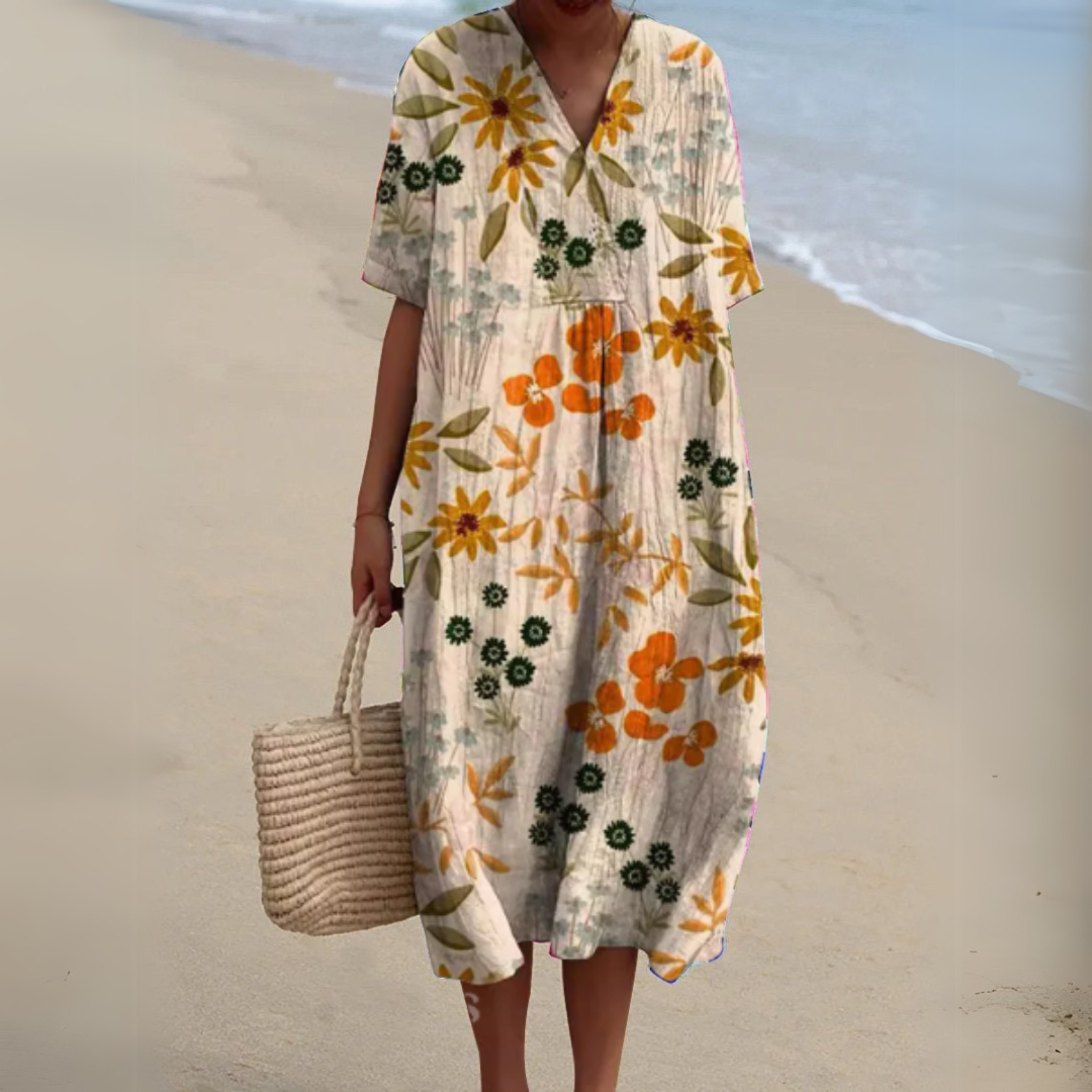 Summer Dress Women V Neck Cotton Linen Blend Floral Print Lightweight