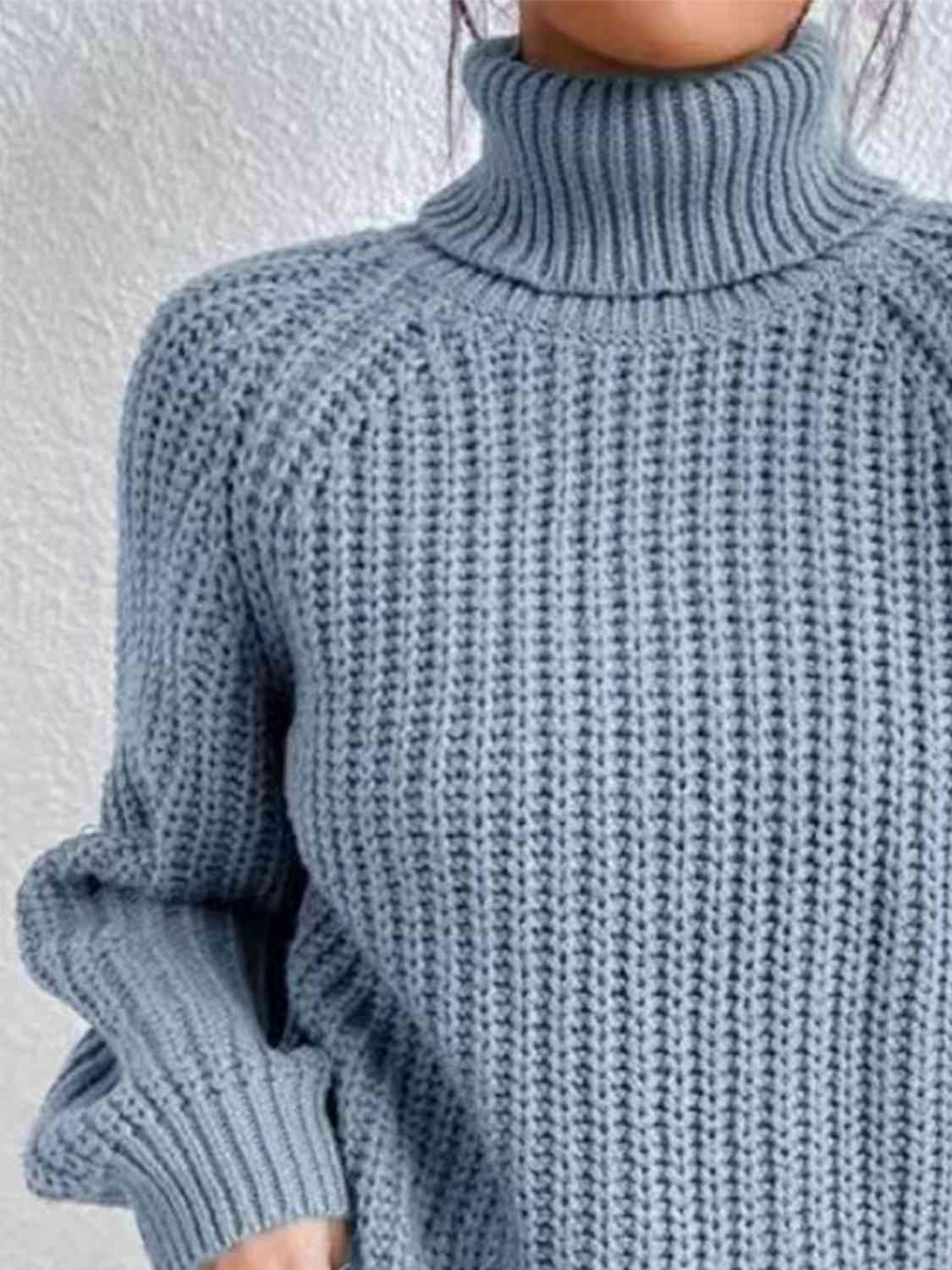 Women Ribbed Knit Turtleneck Sweater Side Slit