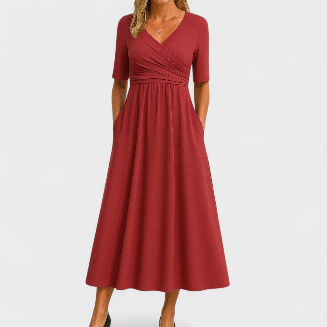 Nina | Midi Dress | Surplice V-Neckline, Elbow Sleeves | Side Pockets