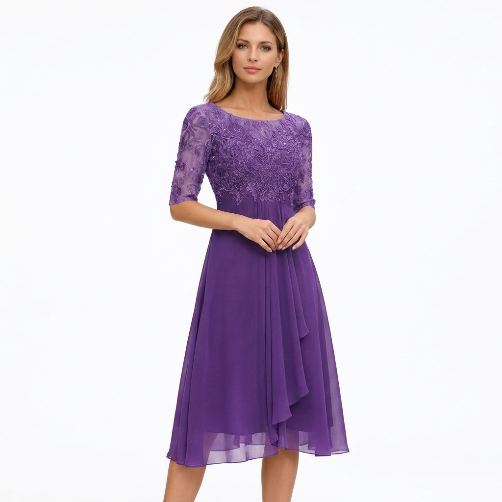Midi Dress Women Lace Top Tulle Skirt Formal Three Quarter Sleeve