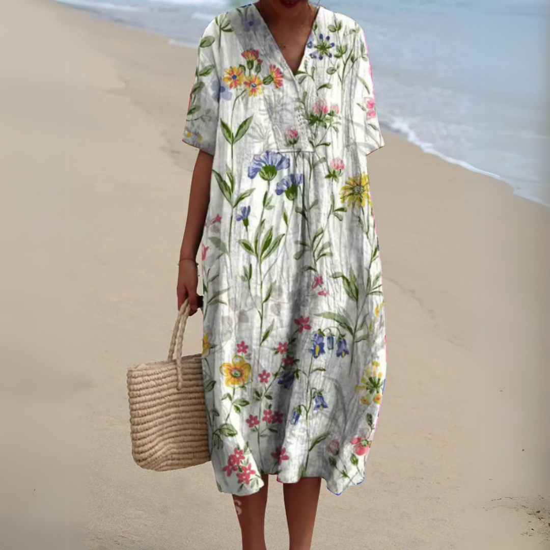 Summer Dress Women V Neck Cotton Linen Blend Floral Print Lightweight